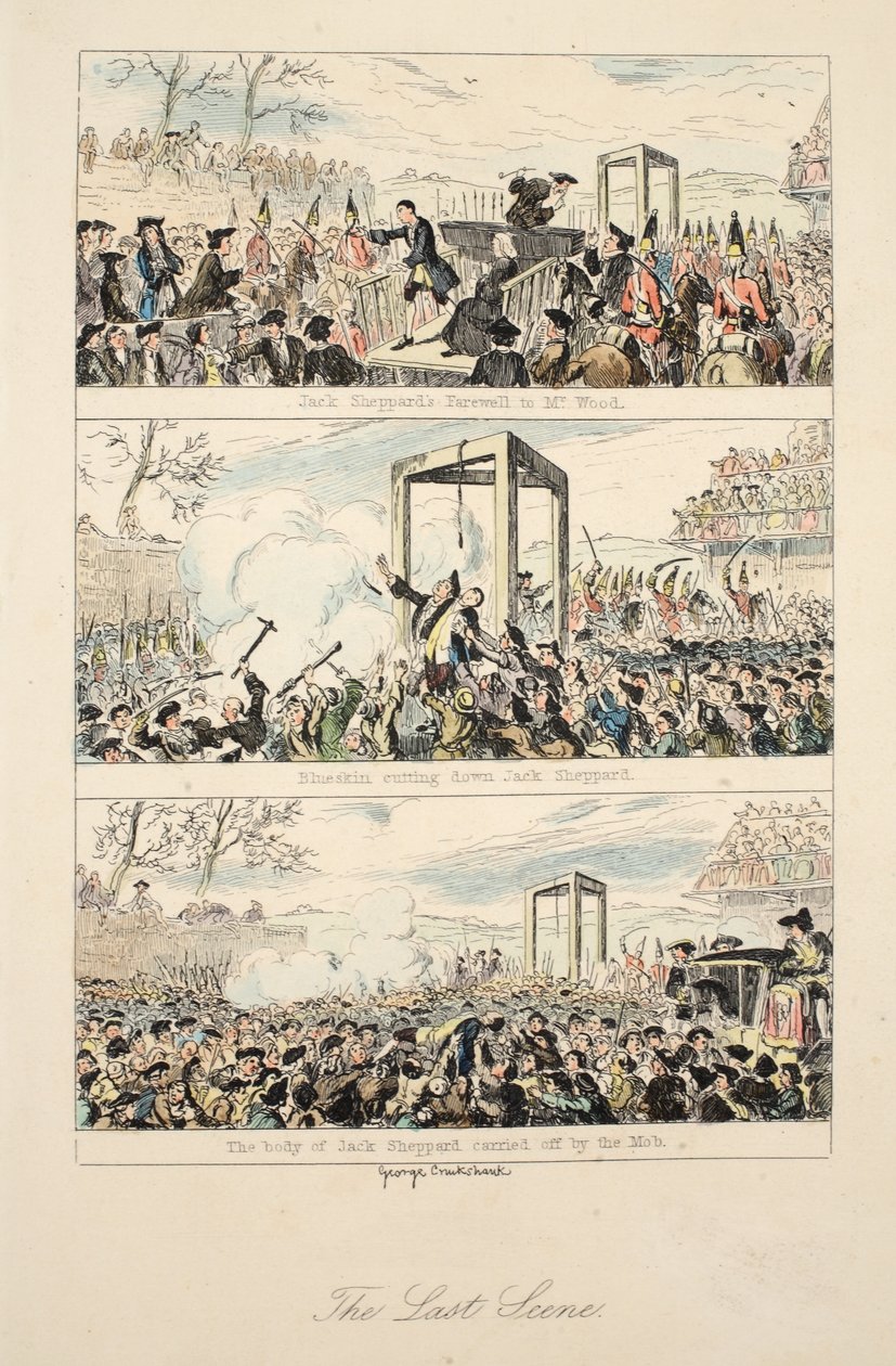 Ostatnia scena, ilustracja z „Jack Sheppard: A Romance” Williama Harrisona Ainswortha, opublikowana w 1839 r. (Ręczna akwaforta) autorstwa George Cruikshank