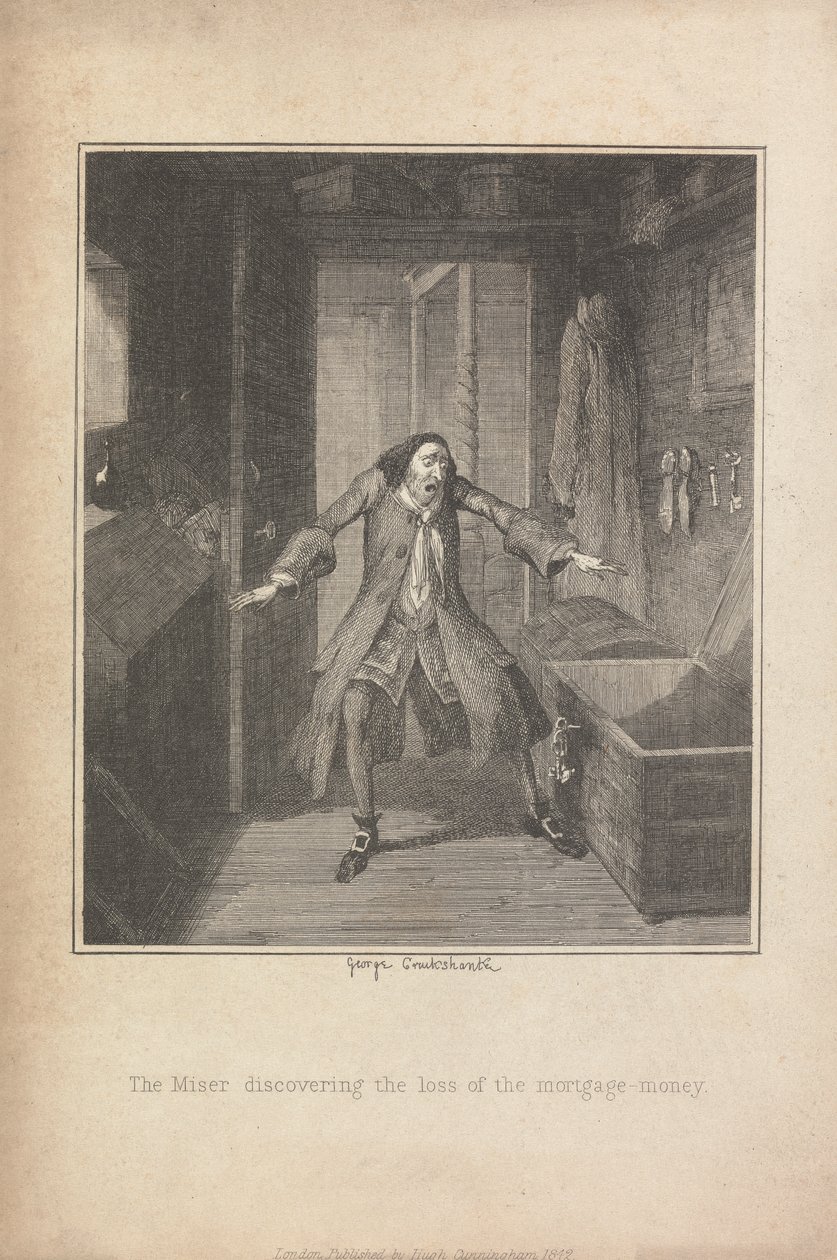 Skąpiec odkrywający utratę pieniędzy hipotecznych autorstwa George Cruikshank