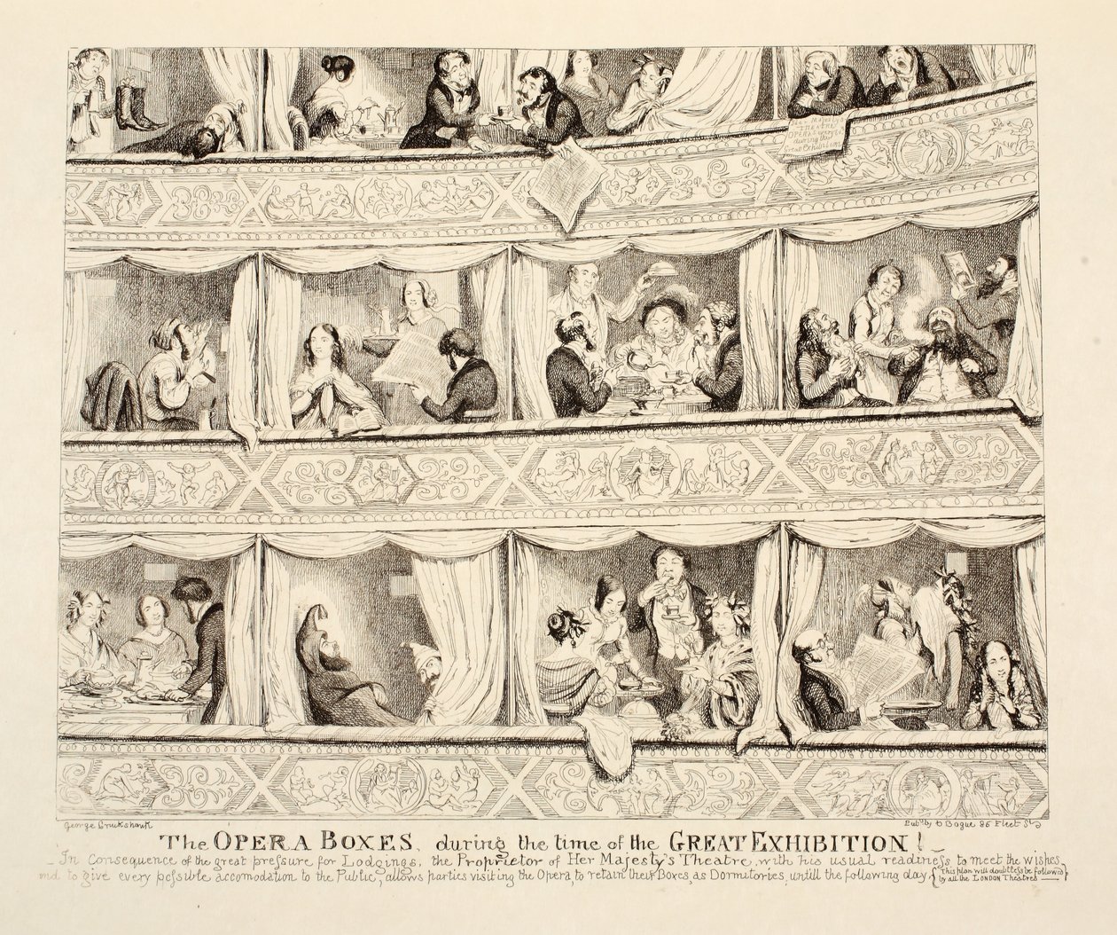 The Opera Boxes w czasie Wielkiej Wystawy, wyd. 1851 autorstwa George Cruikshank