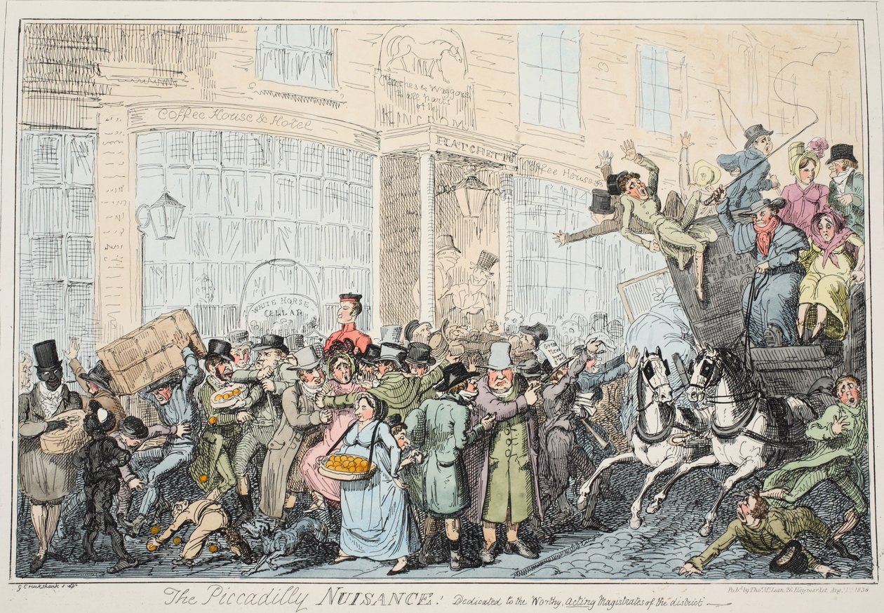 Uciążliwość Piccadily, wyd. 1936 (grawerowanie ręcznie kolorowane) autorstwa George Cruikshank