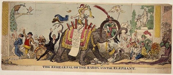 The Rehearsal or the Baron and the Elephant , satyryczny nadruk na skomplikowanych produkcjach Kemble w Covent Garden Theatre ze zwierzętami autorstwa George Cruikshank