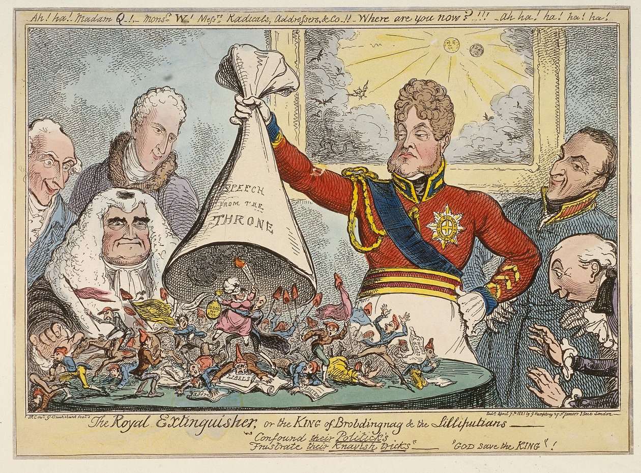 „Królewski Gaśnica, czyli Król Brobdingnag i Lilliputowie”, 1821 autorstwa George Cruikshank