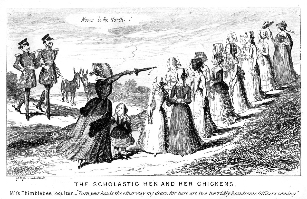 Scholastyczna Kura i Jej Kurczaki, XIX wiek. autorstwa George Cruikshank