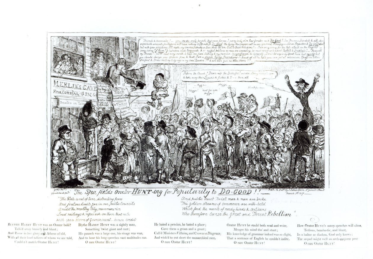The Spa Fields Polowanie na mówców, aby zdobyć popularność i zrobić dobro!!, wyd. J. Sidebotham, 1817 autorstwa George Cruikshank