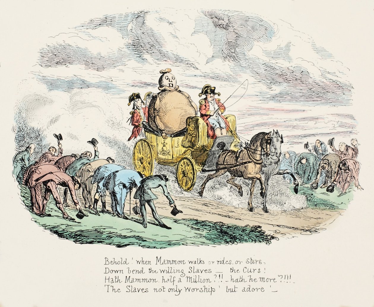 Kult bogactwa, wyd. 1834 (ręcznie kolorowany grawer) autorstwa George Cruikshank