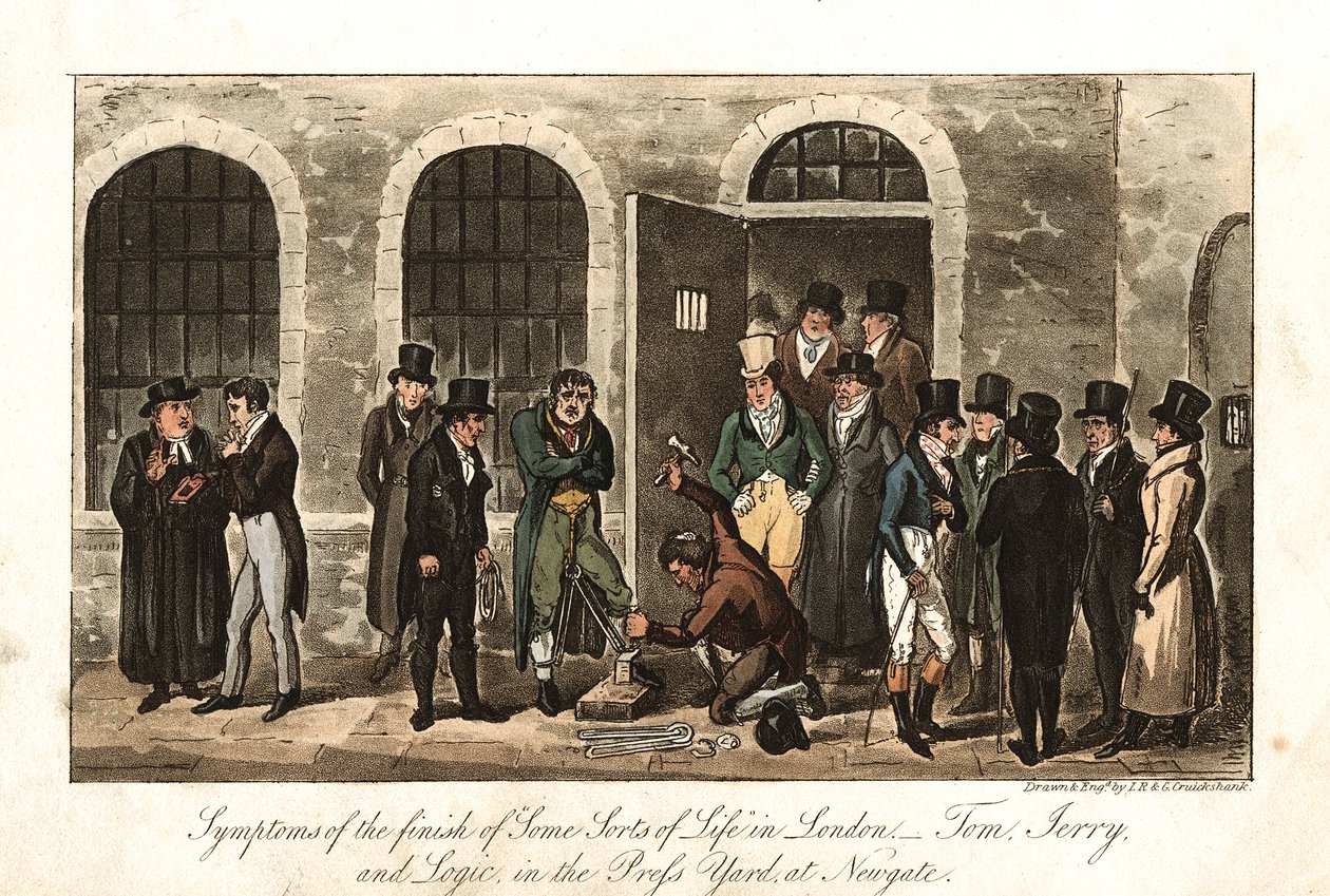 Tom, Jerry i Logic w Press Yard, więzienie Newgate, Londyn, 1821 autorstwa George Cruikshank