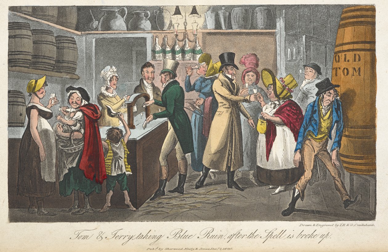 Tom i Jerry tracą niebieską ruinę po rozpadzie zaklęcia, „Life in London, etc.”, Pierce Egan autorstwa George Cruikshank