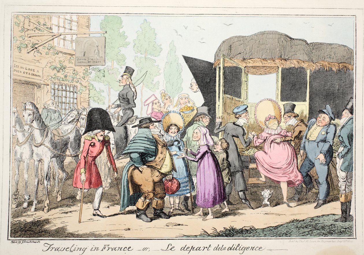 Podróż po Francji lub Le Depart de la Diligence, pub. 1835 (akwaforta ręcznie kolorowana) autorstwa George Cruikshank