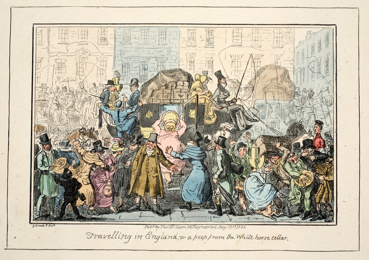 Podróżowanie po Anglii - czyli Peep z Piwnicy Białego Konia, pub. 1835 (grawerowanie ręcznie kolorowane) autorstwa George Cruikshank