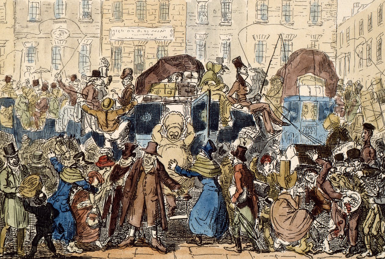 Podróżowanie po Anglii, czyli Peep z piwnicy White Horse, 1819 (akwaforta ręcznie kolorowana) autorstwa George Cruikshank