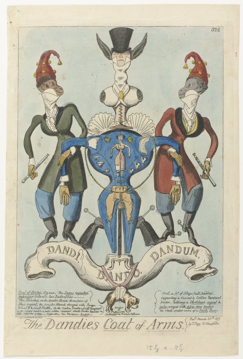Dwie ubrane małpy trzymają broń w kształcie manekina Herb Dandies (tytuł na obiekcie) autorstwa George Cruikshank