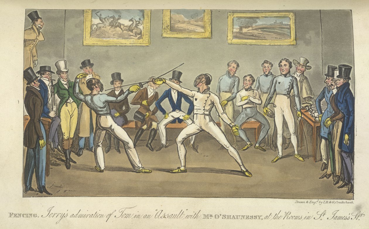 Szermierka dwóch mężczyzn, „Życie w Londynie itd.”, Pierce Egan autorstwa George Cruikshank