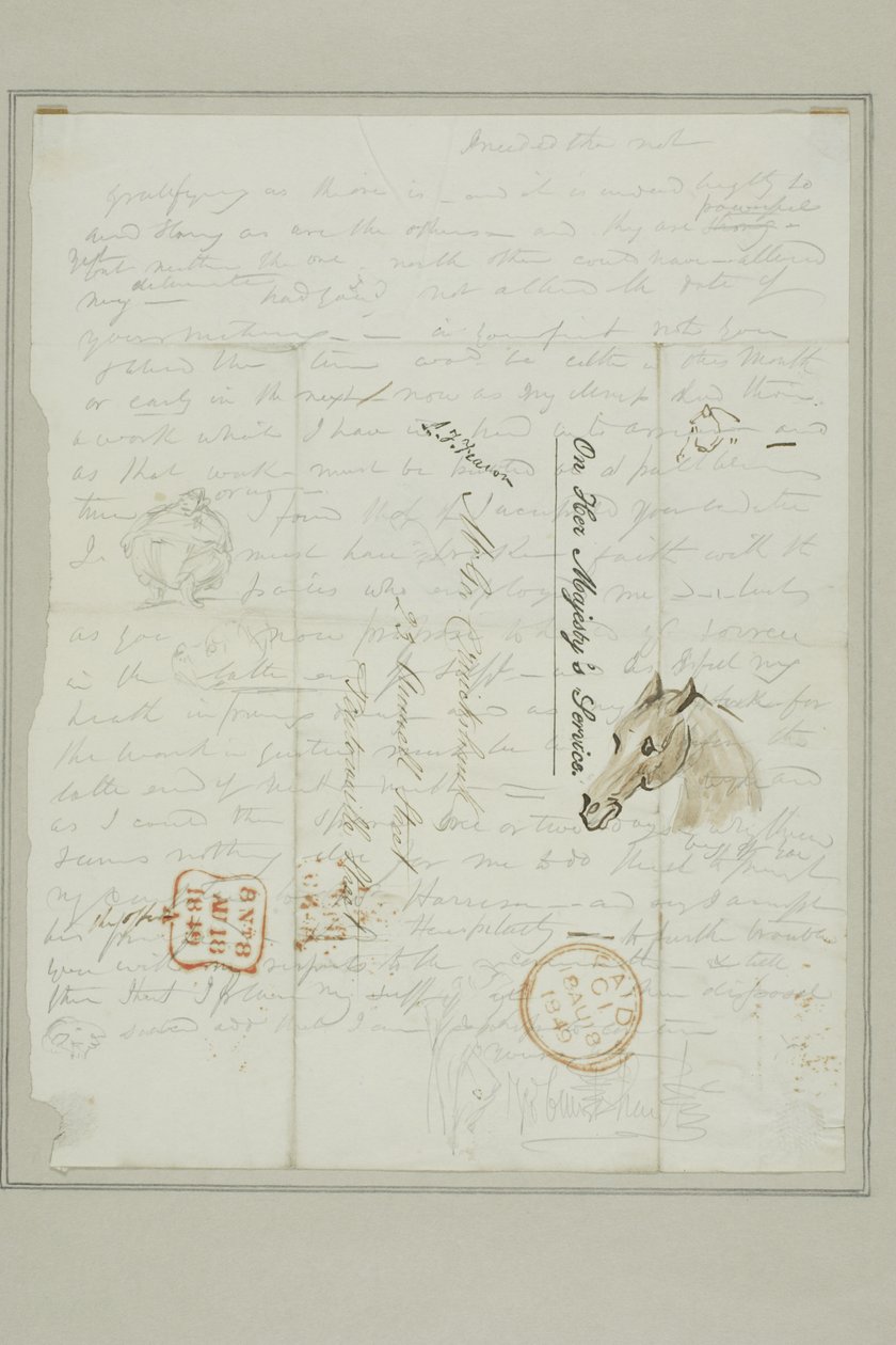 Bez tytułu (list Cruikshanka ze szkicami głowy konia) autorstwa George Cruikshank