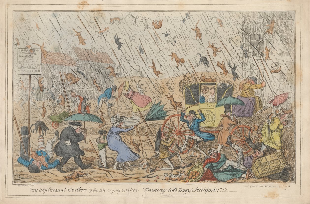 Bardzo nieprzyjemna pogoda, czyli stare powiedzenie zweryfikowane „Deszcz kotów, psów i widły”.!!! autorstwa George Cruikshank