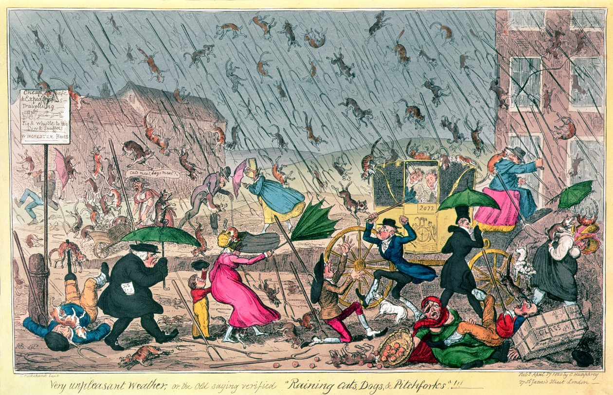 Bardzo nieprzyjemna pogoda, czyli sprawdzone stare powiedzenie Raining Cats, Dogs and Pitchforks!, wyd. G. Humphrey, 1820 autorstwa George Cruikshank