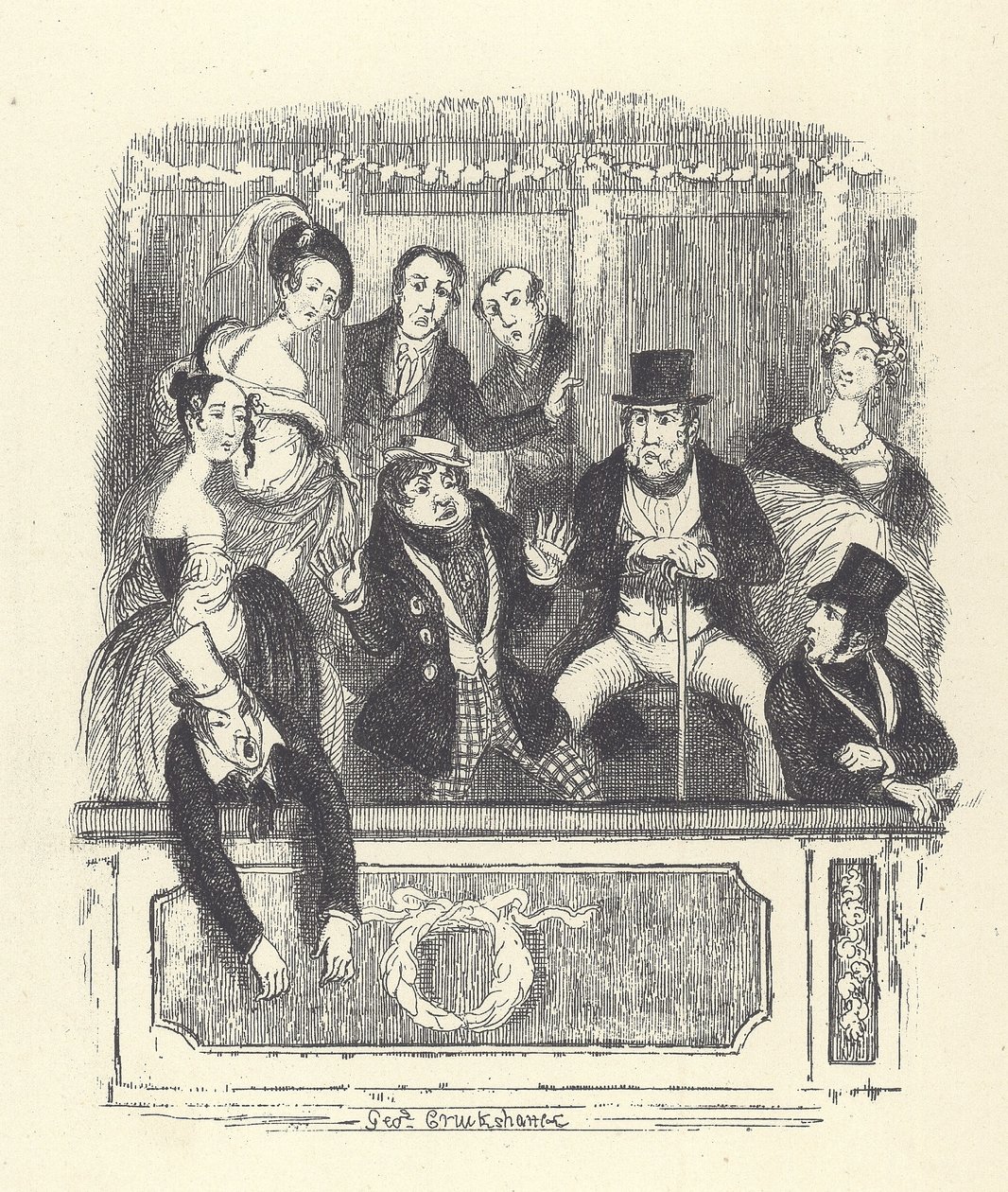 Wiktoriańscy widzowie tłoczą się w lożach w londyńskim teatrze (grawerowanie) autorstwa George Cruikshank
