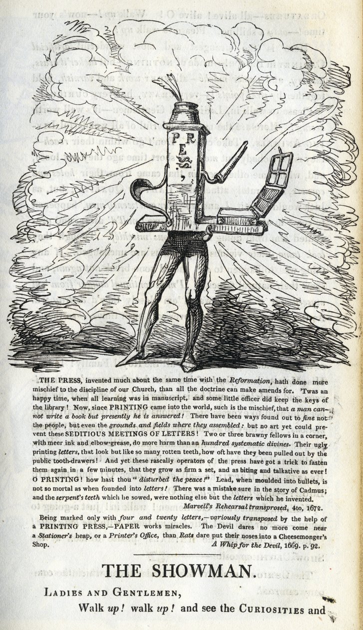 Zwycięstwo prasy dla wolności ludu, ilustracja z „The Political Showman – at Home!” Williama Hone’a, wydana w 1821 r. autorstwa George Cruikshank