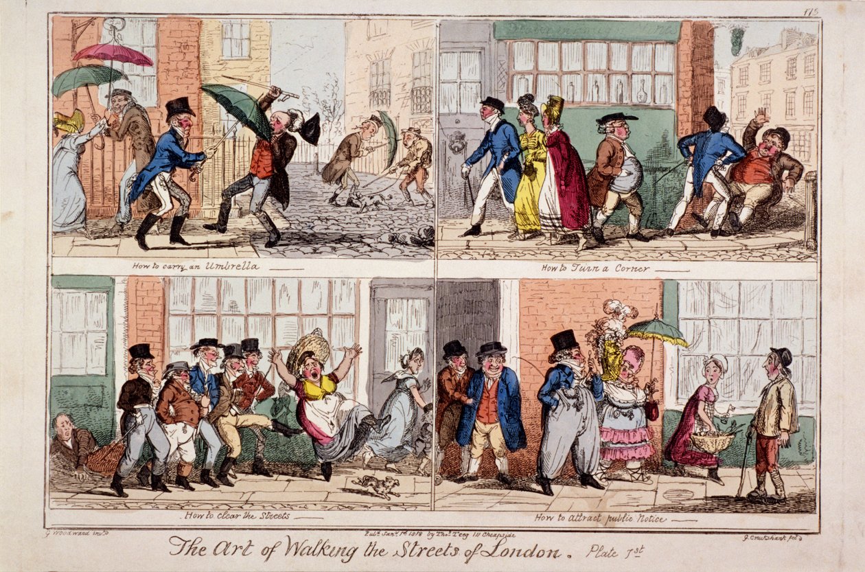 „Spacerując po ulicach Londynu”, 1818 r. autorstwa George Cruikshank