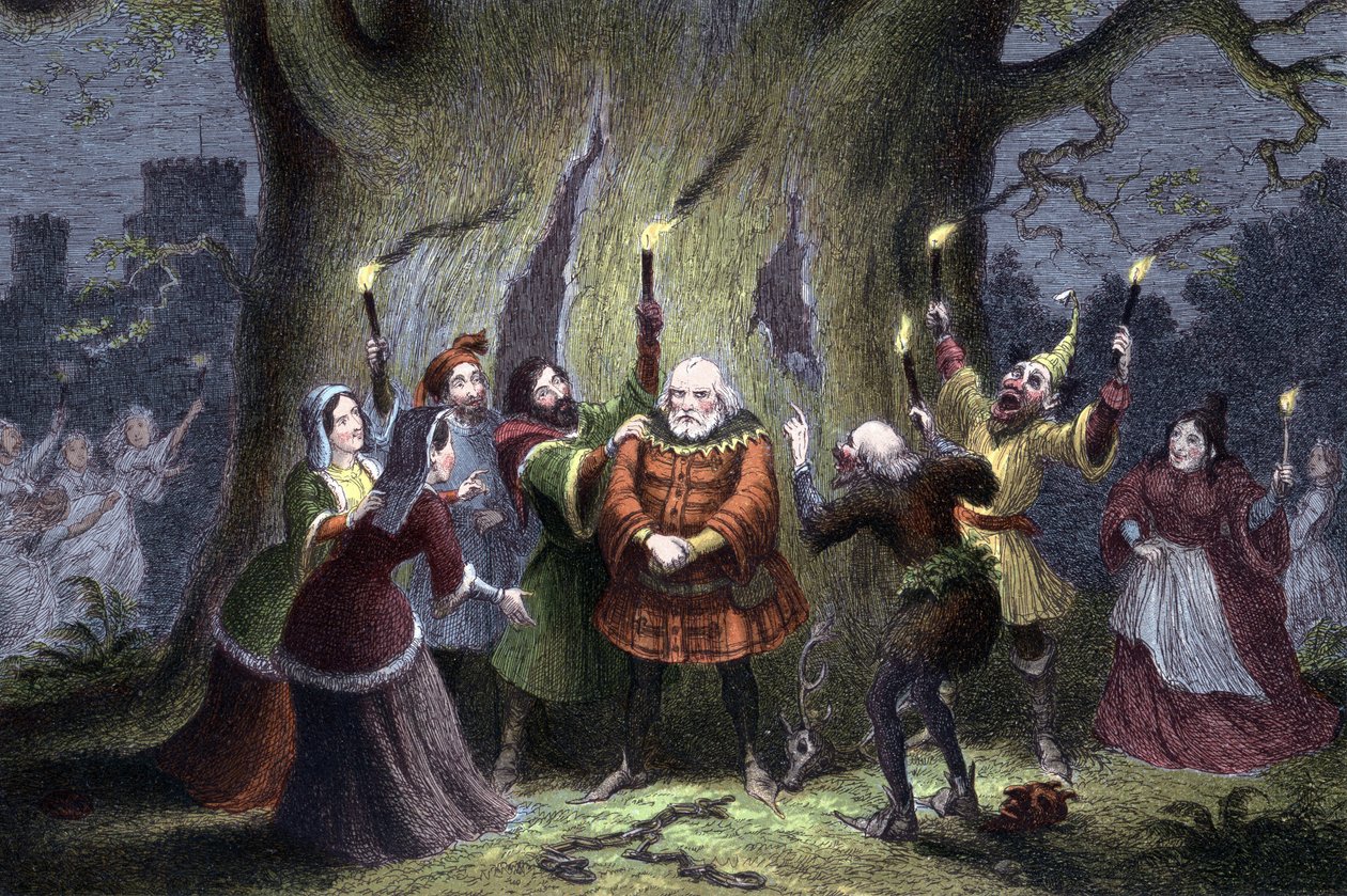 William Shakespeare Wesołe żony z Windsoru, sztuka po raz pierwszy wystawiona w 1597 lub 1600 roku. Falstaff, który zachował swoją rzekomą przydział w Windsor Forest Mistress Ford jako Herne the Hunter i został uszczypnięty i uderzony przez „wróżki”, mówi: autorstwa George Cruikshank
