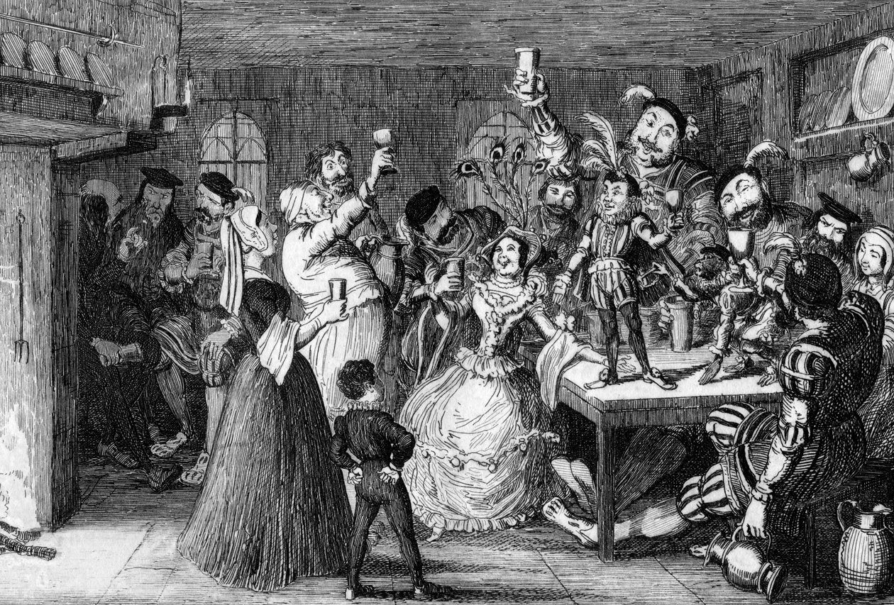 Xit, obecnie sir Narcissus le Grand, zabawiający przyjaciół w dniu ślubu, 1840 r. autorstwa George Cruikshank