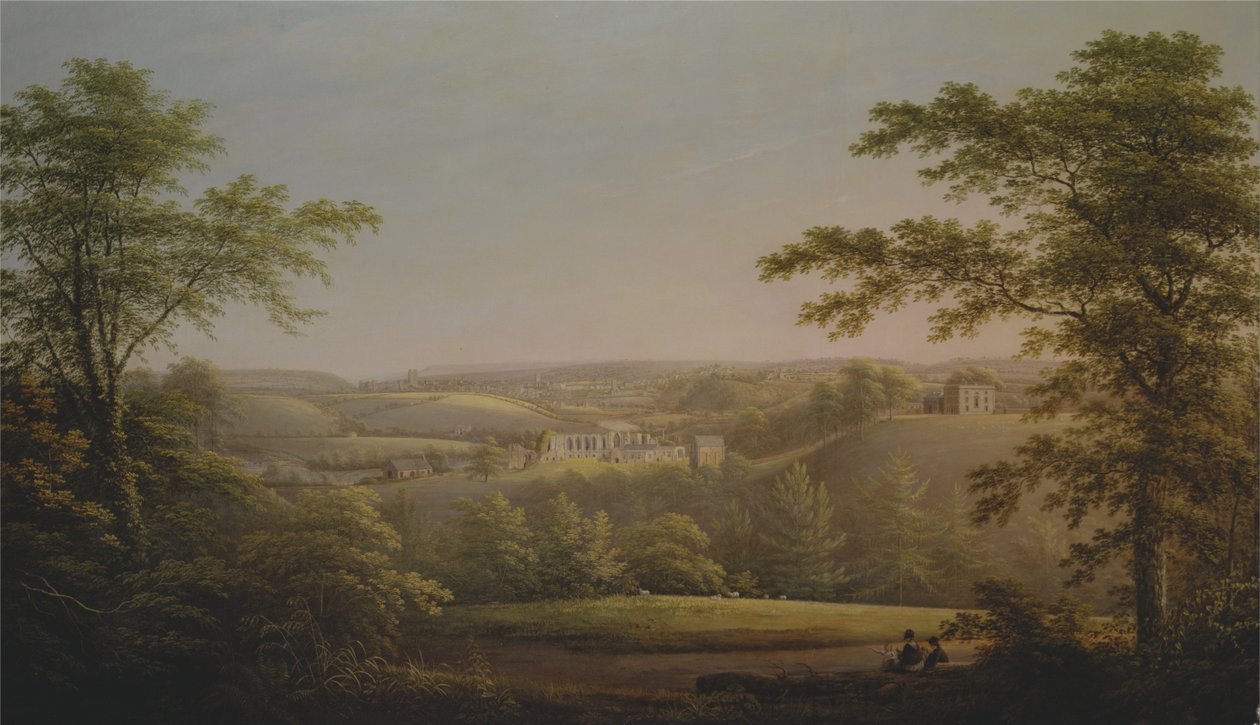 Easby Hall i Easby Abbey z Richmond w hrabstwie Yorkshire w tle autorstwa George Cuitt