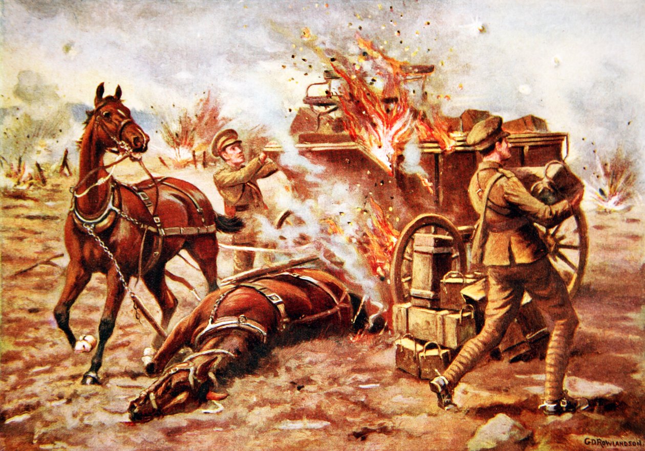 p.o. bombardiera H.A. Creasey pomagający rozładować płonący wagon z amunicją pod bardzo silnym ostrzałem pocisków autorstwa George Derville Rowlandson