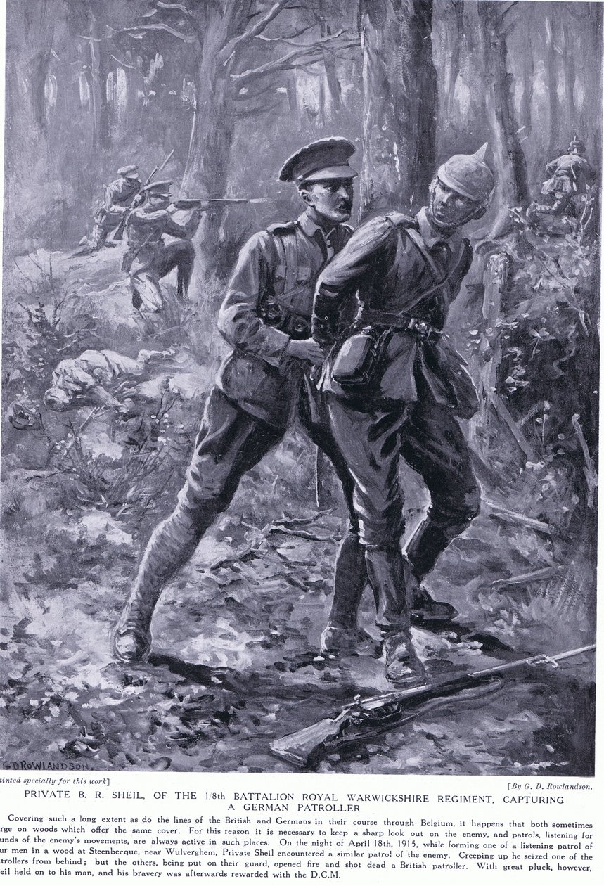Szeregowy B R Shiel odznaczony DCM za schwytanie niemieckiego patrolera w Belgii w kwietniu 1915 r. autorstwa George Derville Rowlandson