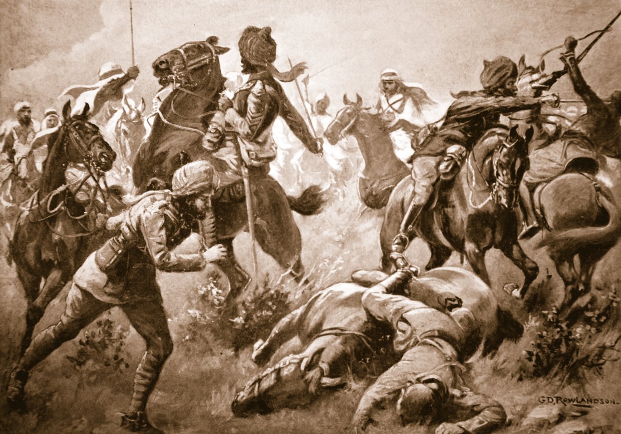 Risaldar Santa Singh, Dafadar Bisham Singh i Sowar Buda Singh przebijają się przez szeregi Arabów z pomocą kapitana Willoughby autorstwa George Derville Rowlandson