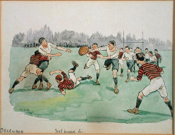 Miesiąc grudzień: Rugby (pióro i atrament oraz akwarela na papierze) autorstwa George Derville Rowlandson