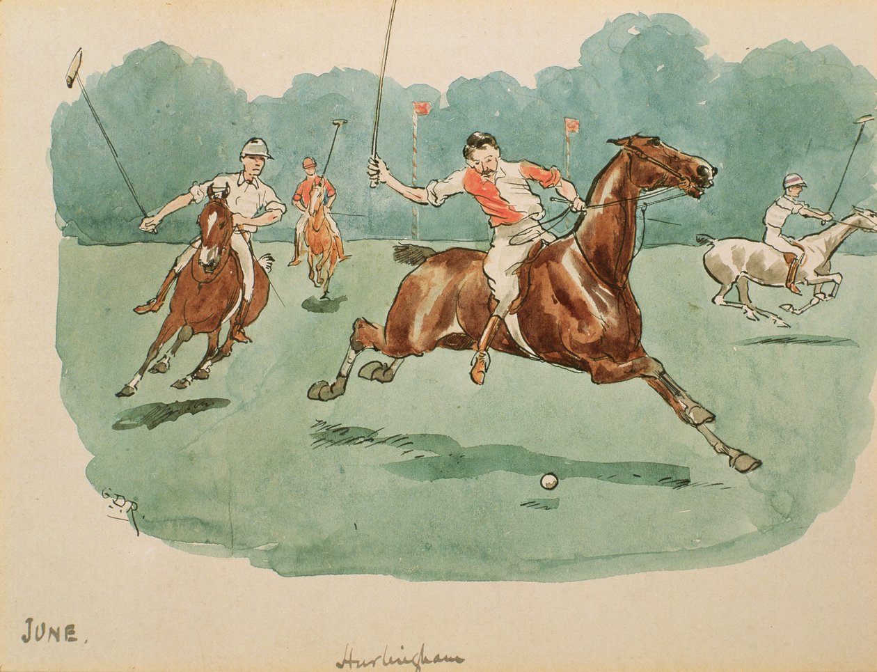 Miesiąc czerwiec: Polo (pióro, tusz i wc na papierze) autorstwa George Derville Rowlandson