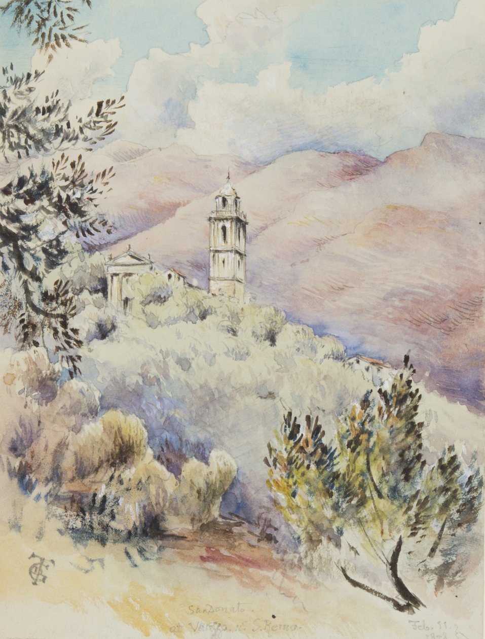 Kościół San Donato, Varezzo, koło San Remo, 11 lutego 1878 (wc na papierze) autorstwa George Douglas Tinling