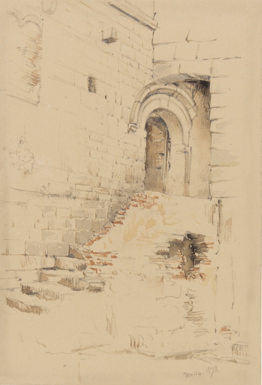 Na dziedzińcu przylegającym do S. Siro, San Remo, styczeń 1878 (ołówek i toaleta na papierze) autorstwa George Douglas Tinling