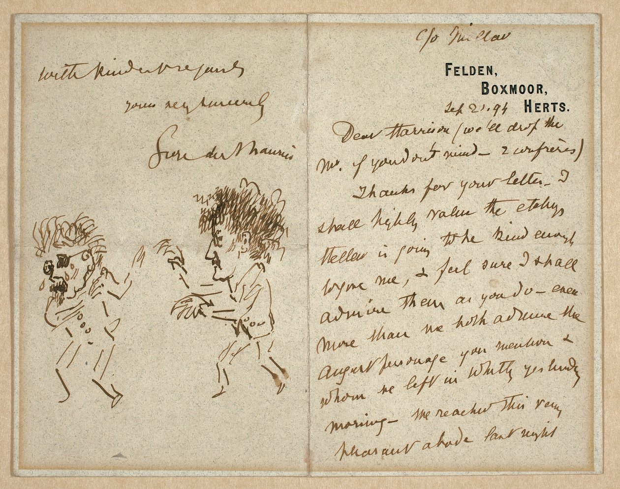 List z rysunkiem Whistlera Grożącego Du Maurier autorstwa George du Maurier