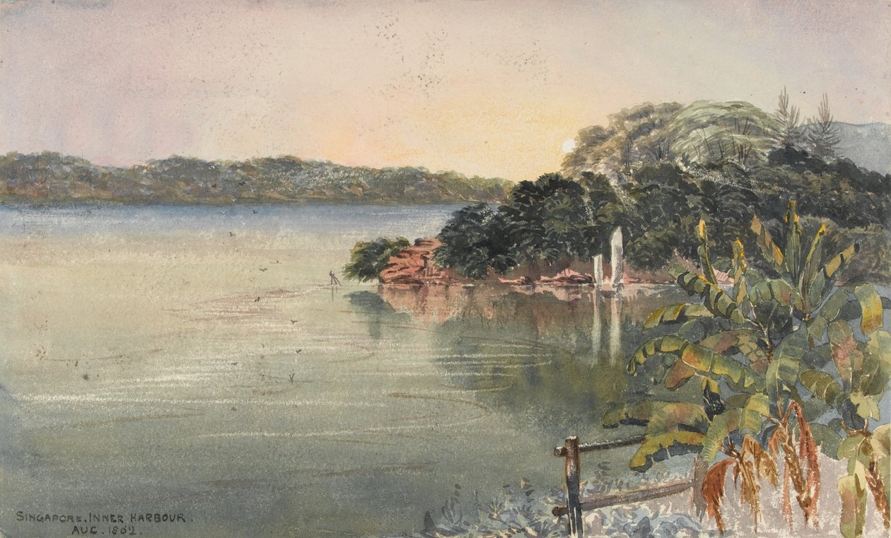 Singapur, Port Wewnętrzny, sierpień 1862   (akwarela) autorstwa George E.L.S. Sanford