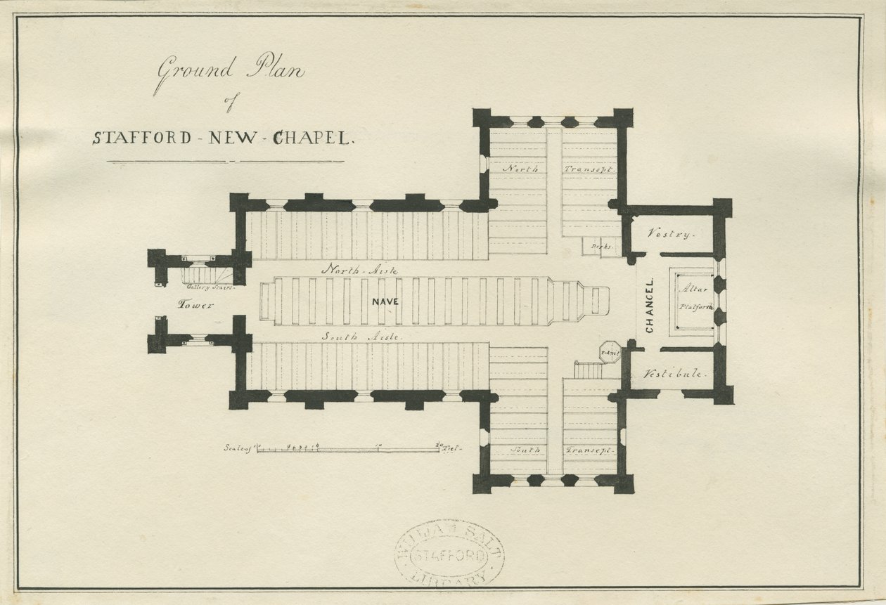 Stafford - Plan podstawy kościoła Chrystusa: rysunek piórem i tuszem, bd [c 1838] (rysunek) autorstwa George E. Hamilton