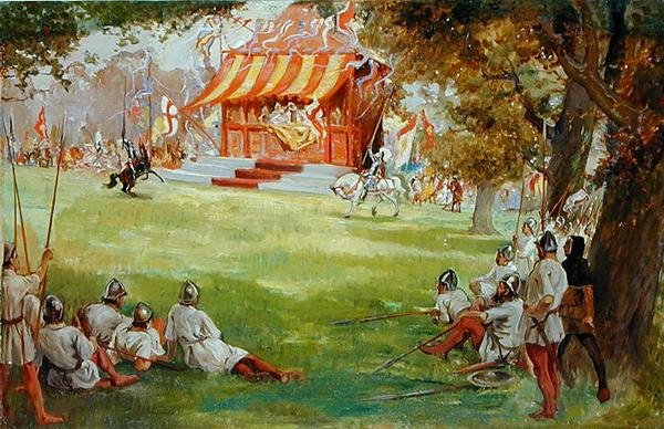 Turniej rycerski autorstwa Sir Nigela i Białej Kompanii autorstwa Sir Arthura Conan Doylesa (1859-1930) (olej na płótnie położony na płycie) (patrz także 140868) autorstwa George Edmund Butler