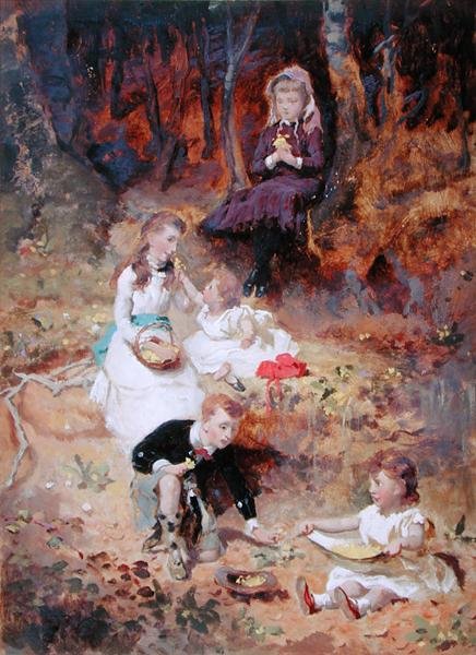 Pięciu dzieci bawiących się w lesie (olej na karcie) autorstwa George Elgar Hicks