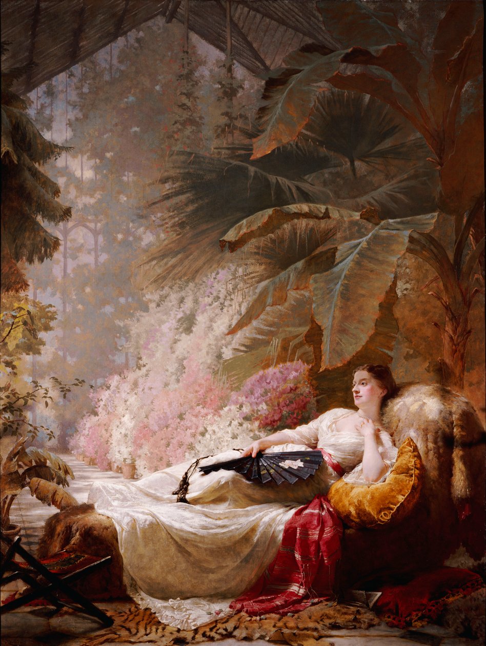 Portret Adelajdy Marii Guinness, leżącej na sofie w oranżerii, 1885 autorstwa George Elgar Hicks
