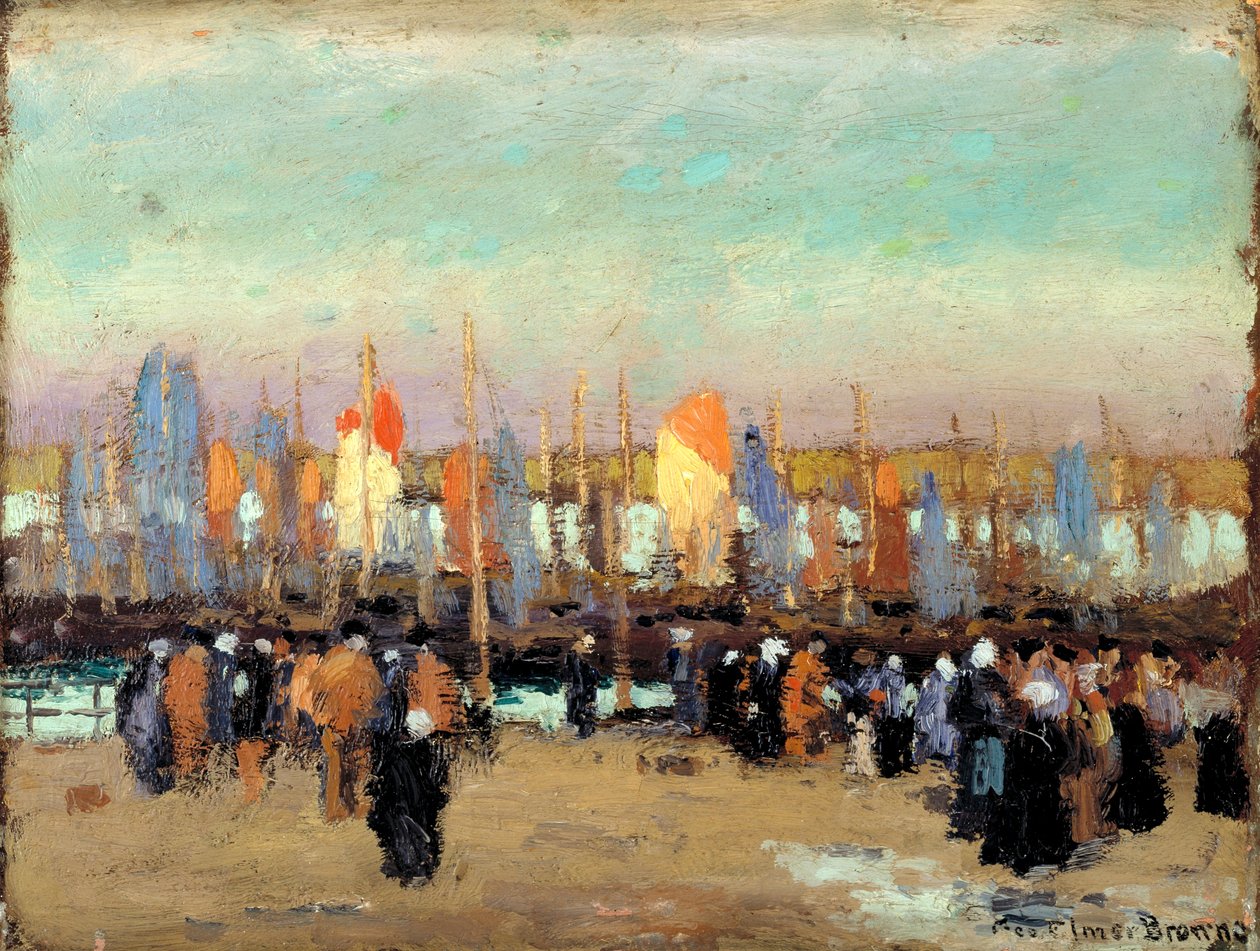 Scena portowa z łodziami rybackimi autorstwa George Elmer Browne