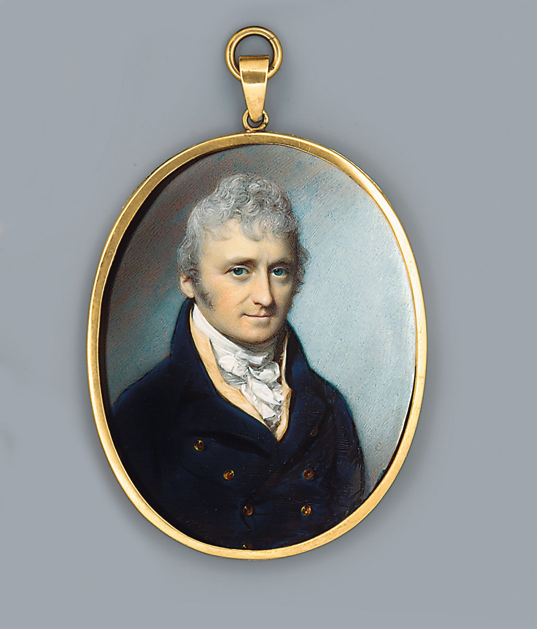 Pan Uthoff, w niebieskim płaszczu ze złotymi guzikami, płowej kamizelce i wiązanym krawacie, pudrowane kręcone włosy, 1805 autorstwa George Engleheart