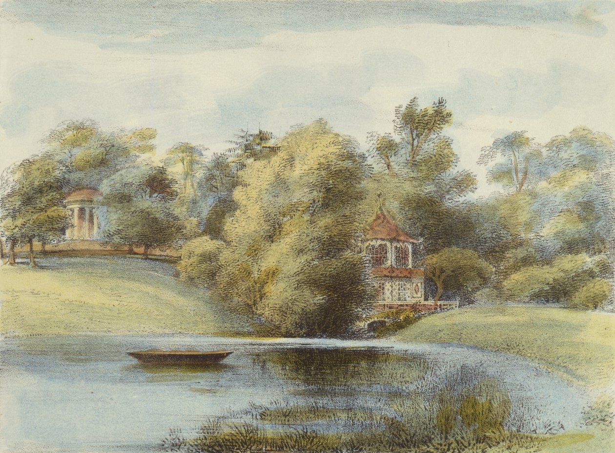 Chińska Świątynia i Świątynia Eolus, Kew Gardens, tablica 16 z Kew Gardens: A Series of Twenty-Four Drawings on Stone, grawerowana przez Charlesa Hullmandela (1789-1850) opublikowana w 1820 r. (litografia ręcznie kolorowana) autorstwa George Ernest after Papendiek