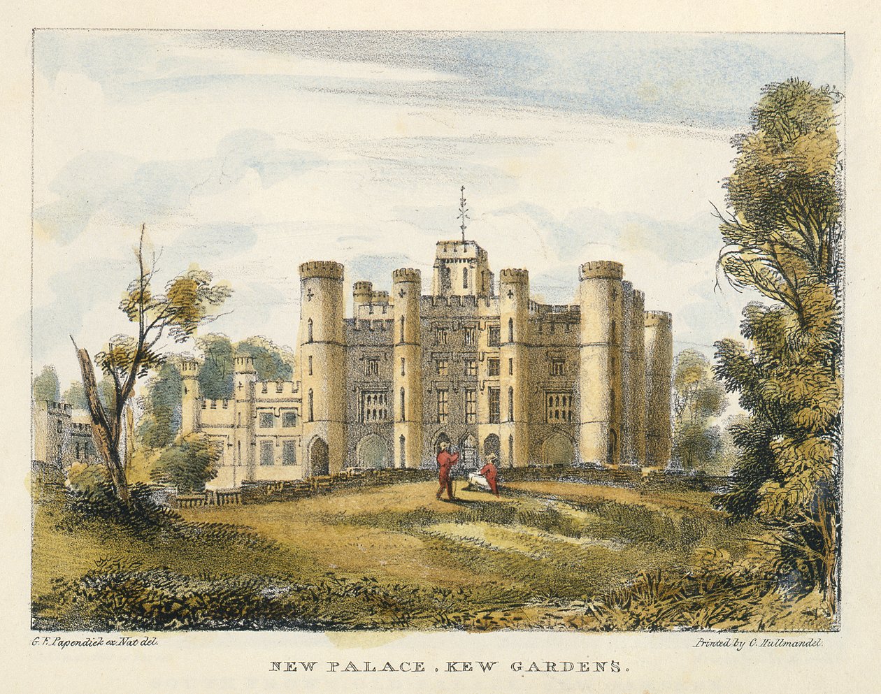 New Palace, Kew Gardens, tablica 1 z Kew Gardens: A Series of Twenty-Four Drawings on Stone, rytowana przez Charlesa Hullmandela (1789-1850) wydana w 1820 r. (litografia ręcznie kolorowana) autorstwa George Ernest after Papendiek