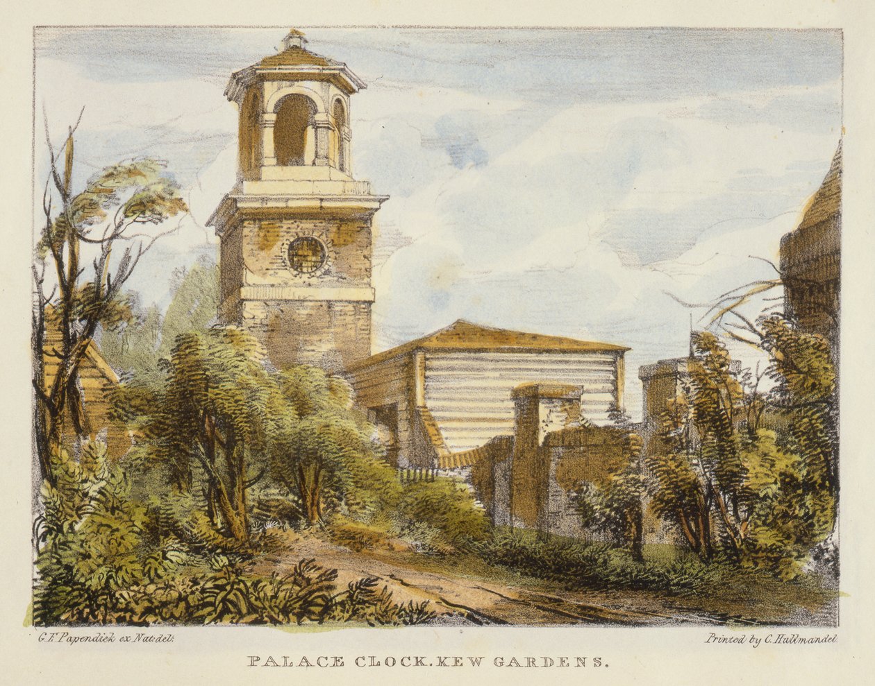 Zegar pałacowy, Kew Gardens, tablica 7 z Kew Gardens: A Series of Twenty-Four Drawings on Stone, rytowany przez Charlesa Hullmandela (1789-1850) wydana w 1820 r. (litografia ręcznie kolorowana) autorstwa George Ernest after Papendiek