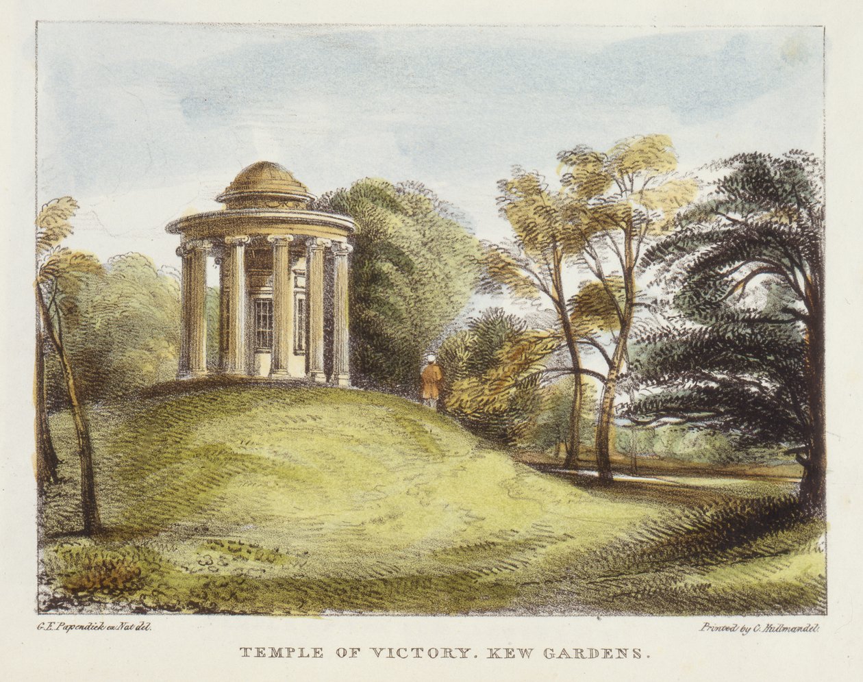 Świątynia Słońca, Arboretum, Kew Gardens, tablica 20 z Kew Gardens: A Series of Twenty-Four Drawings on Stone, grawerowane przez Charlesa Hullmandela (1789-1850) wydane w 1820 r. (litografia ręcznie kolorowana) autorstwa George Ernest after Papendiek