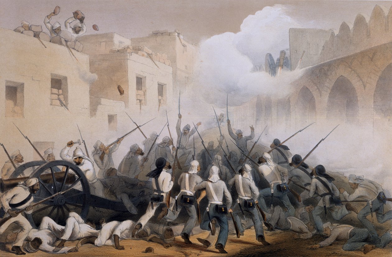 Szturm na Delhi 1857, z Kampanii w Indiach 1857-58 z rysunków wykonanych w burzliwym okresie Wielkiego Buntu, ilustrujących operacje wojskowe przed Delhi i jego okolicami, e autorstwa George Francklin Atkinson
