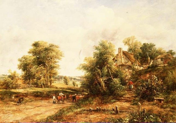 Letni krajobraz wieczorem z poganiaczami i bydłem autorstwa George Frederic Watts