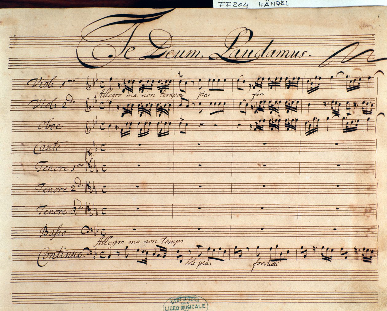 Strona tytułowa partytury muzycznej Te deum G F Haendla autorstwa George Frederick Handel