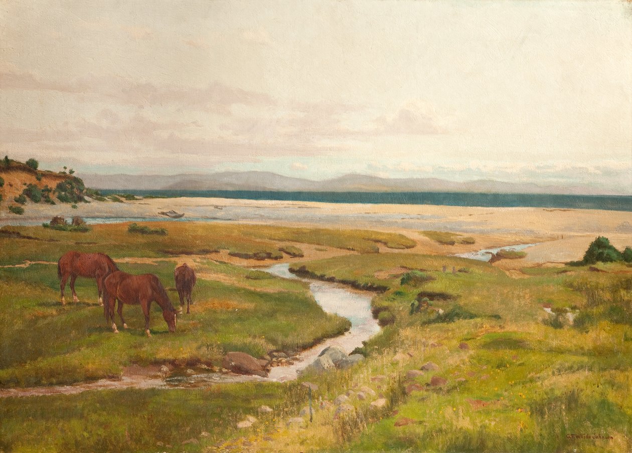 Scena na brzegu z końmi autorstwa George Frederick Waldo Johnson