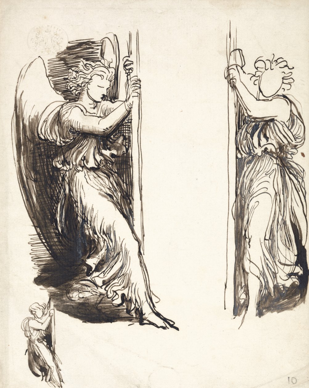 Studies for Angels in The Court of Death (pióro i brązowy tusz na graficie) autorstwa George Frederick Watts