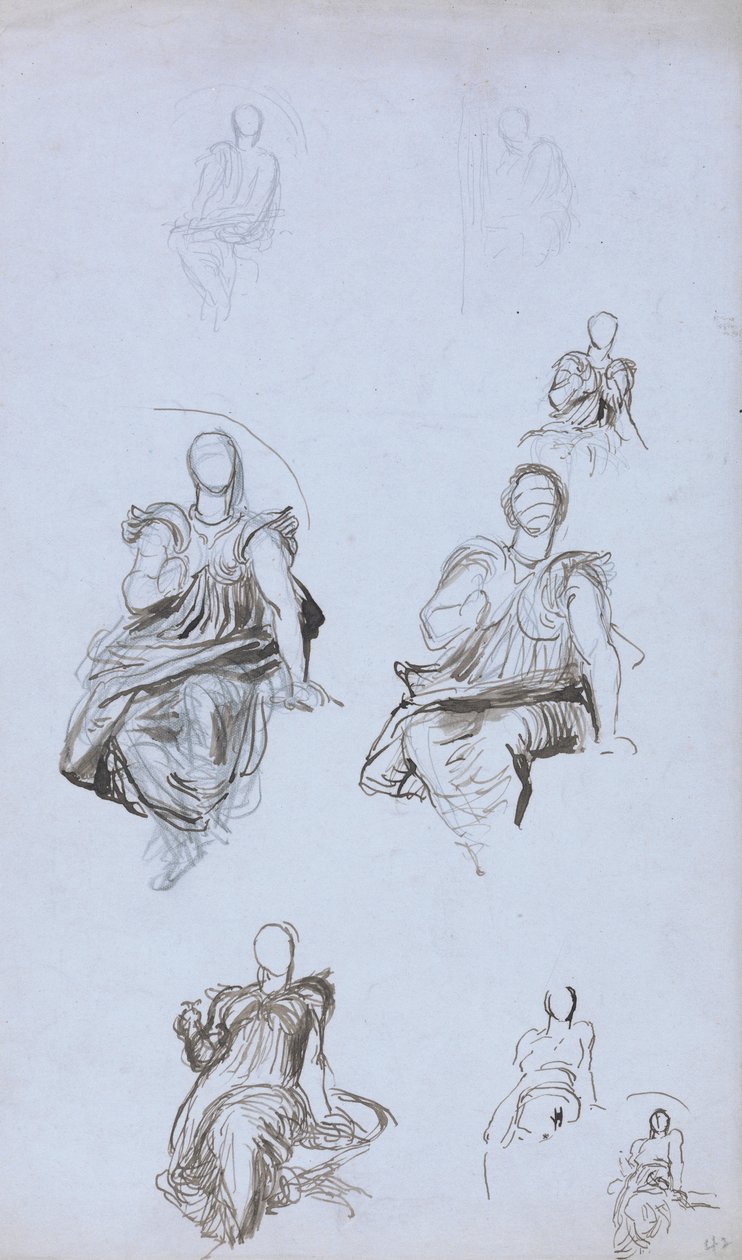 Studia siedzącej postaci z książką (długopis i brązowy tusz oraz grafit na niebieskim papierze) autorstwa George Frederick Watts